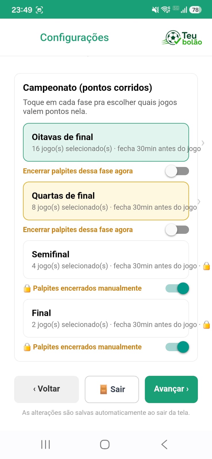 Configuração das fases do bolão