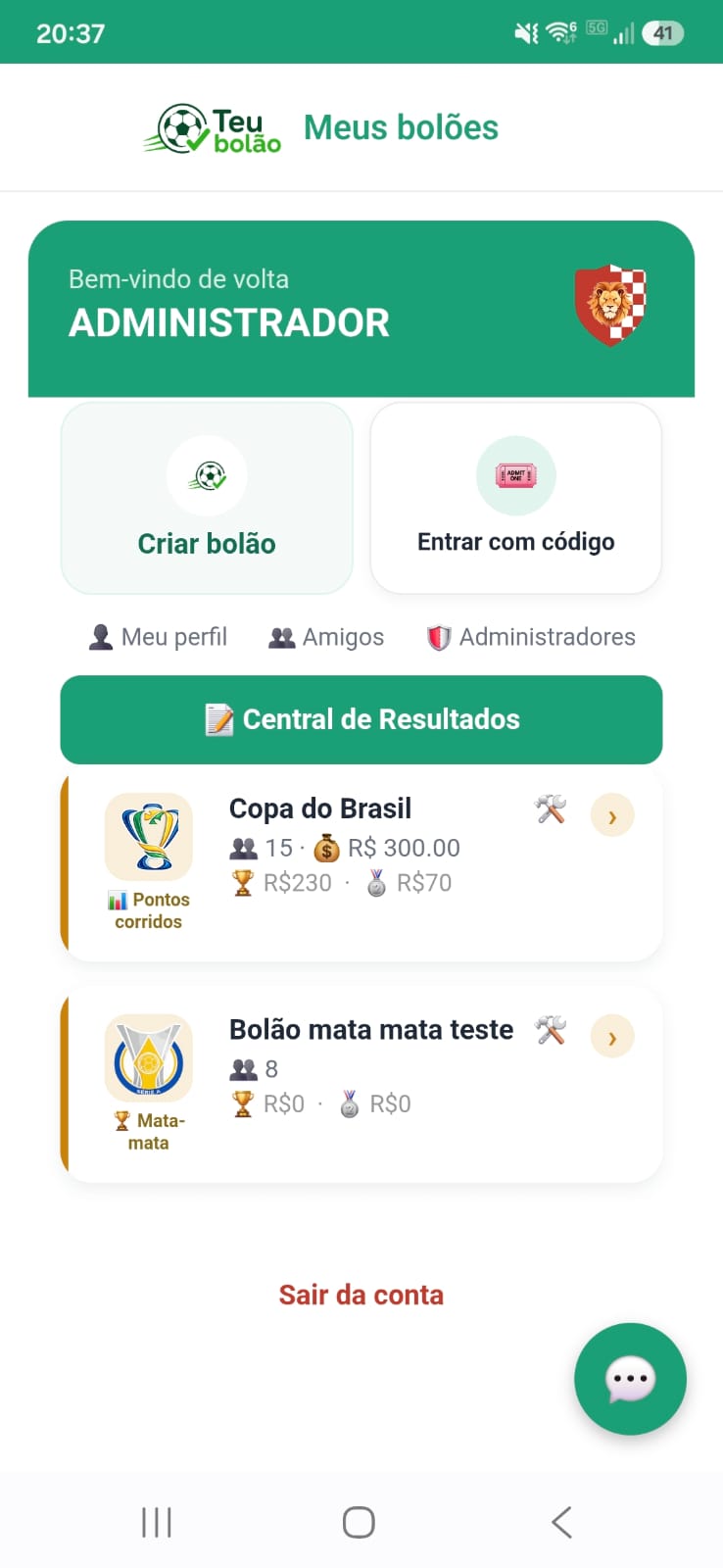 Tela inicial com seus bolões